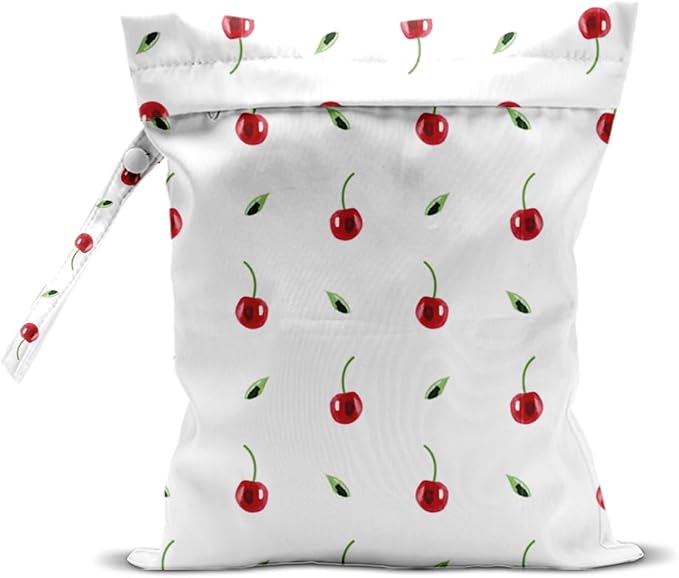 Wet Bag, Wet Dry Bag, Waterproof Swim Bags, Machine Washable Reusable Bags for Beach, Pool, Diapers, and Dirty Yoga Gym Clothes(Minimalist Red Cherry & Leaf Pattern