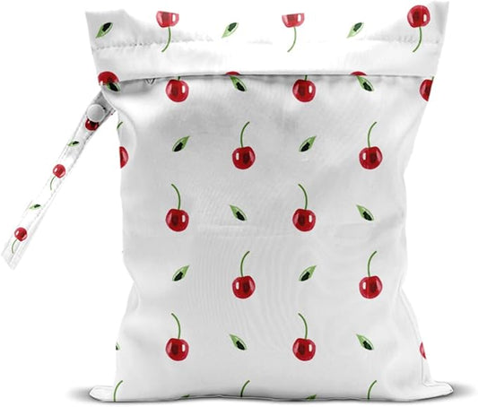 Wet Bag, Wet Dry Bag, Waterproof Swim Bags, Machine Washable Reusable Bags for Beach, Pool, Diapers, and Dirty Yoga Gym Clothes(Minimalist Red Cherry & Leaf Pattern