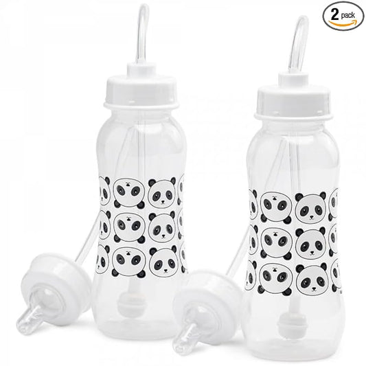 Hands-Free Baby Bottle - Anti-Colic Nursing System 9 oz Baby Bottle with Fast Flow Nipple/Teat 3m+ with Tube Straw Feeding System for Toddler (2 Bottles - Panda)