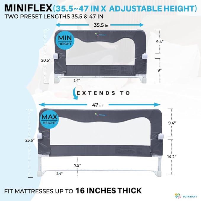 TotCraft MiniFlex Adjustable Length & Height Bed Rail for Toddlers – Fits Twin, Full & Queen Beds – 35.5″ or 47″ Two Fixed Lengths – 14 Height Levels – ASTM Certified Toddler Bed Rails for Kids (Grey)