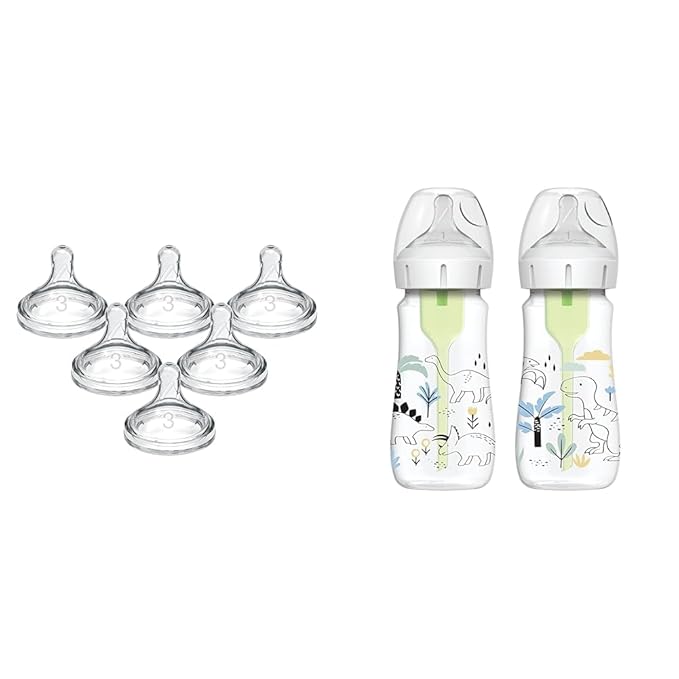 Dr. Brown's Natural Flow Level 3 Wide-Neck Baby Bottle Silicone Nipple & Natural Flow® Anti-Colic Options+™ Wide-Neck Baby Bottle Designer Edition Bottles, Dino Decos, 9oz/270mL