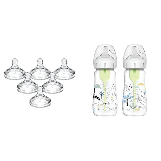 Dr. Brown's Natural Flow Level 3 Wide-Neck Baby Bottle Silicone Nipple & Natural Flow® Anti-Colic Options+™ Wide-Neck Baby Bottle Designer Edition Bottles, Dino Decos, 9oz/270mL