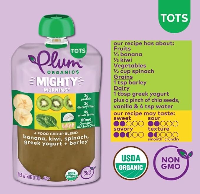 Plum Organics - +12 Months Organic Baby Food - Banana, Kiwi, Spinach, Greek Yogurt & Barley - Non-GMO - On-The-Go Pouches for Baby & Toddler Meals - Quality Tested Ingredients - 4 oz (Pack Of 12)