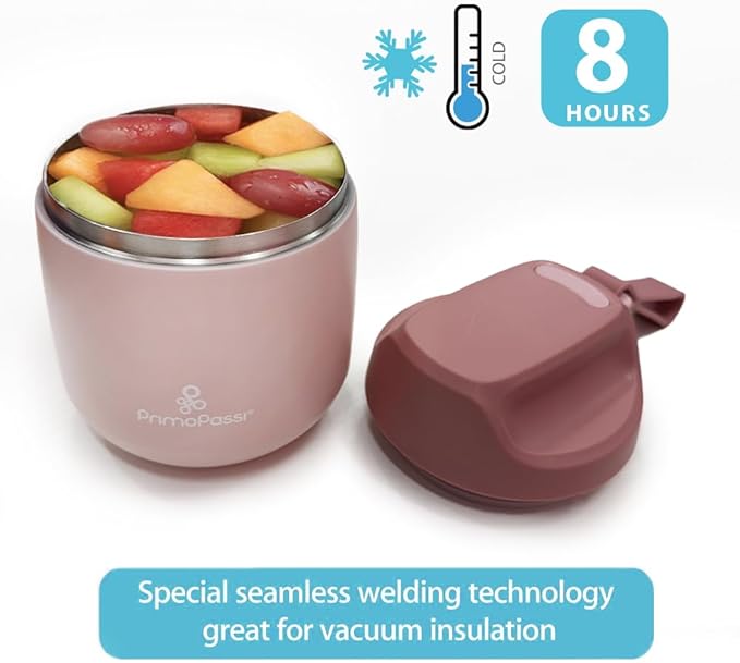 Primo Passi Insulated Food Jar for Kids & Babies – 12 oz /350 ml Stainless Steel Thermal Food Container with Easy-Open Lid & Silicone Carry Strap – Keeps Food Hot or Cold for Up to 8 Hours, Light Pink