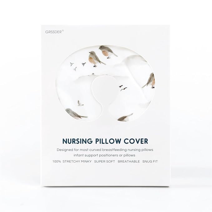 GRSSDER Nursing Pillow Cover, Stretchy Soft Minky Breast Feeding Pillow Covers, Fit Most Nursing Support Pillows for Breastfeeding, Comfortable Safe Pillow Cover, Lovely Birds