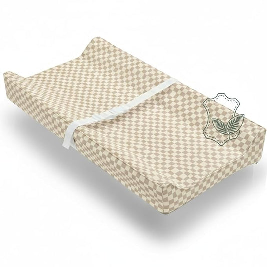 Vegan Leather Contoured Baby Changing Pad | Waterproof & Wipe-Clean PU Leather Diaper Change Mat, Soft, Wipeable Cover, Safety Strap, Non-Slip Bottom, Topper for Standard Infant Diaper Table & Dresser