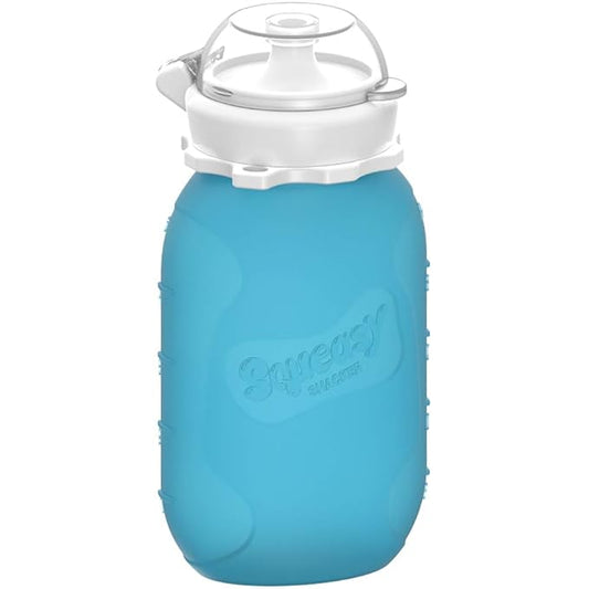 Blue 6 oz Squeasy Snacker Spill Proof Silicone Reusable Pouch - For Soft Foods & Liquids - Water, Apple Sauce, Yogurt, Smoothies, Baby Food - Dishwasher Safe