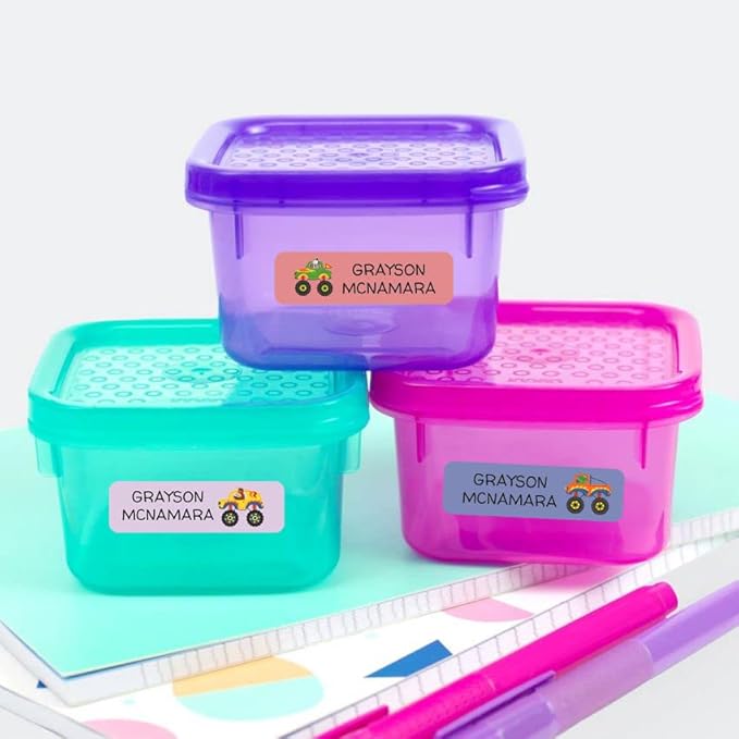 128 Monster Trucks Custom Kid Name Label for Daycare, Waterproof Dishwasher Safe, Personalized Name Sticker for Camp, School Supply, Baby Bottle, Lunch Boxes, Water Bottle, Cups(Pattern 1)