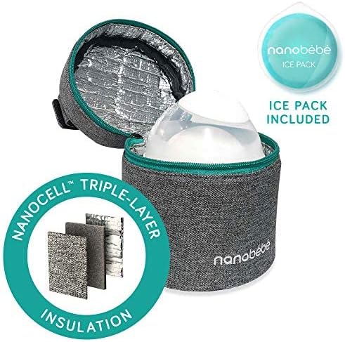 Nanobebe Breastmilk Baby Bottle Cooler & Travel Bag with Ice Pack Included. Compact Triple Insulated, Easily attaches to Stroller or Diaper Bag- Grey