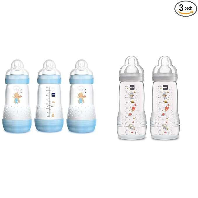 MAM Easy Start Anti-Colic Bottle 9 oz (3-Count), Baby Essentials, Medium Flow Bottles & Easy Active Bottle 11 oz (2-Count), Fast Flow Bottles, 4+ Month, Unisex, Gray