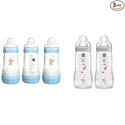 MAM Easy Start Anti-Colic Bottle 9 oz (3-Count), Baby Essentials, Medium Flow Bottles & Easy Active Bottle 11 oz (2-Count), Fast Flow Bottles, 4+ Month, Unisex, Gray