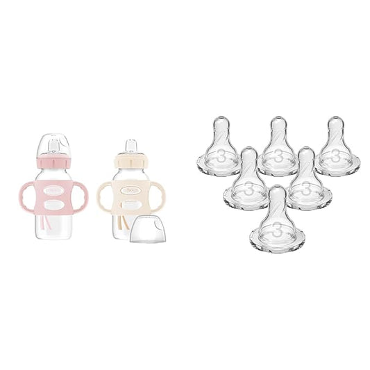 Dr Brown's Wide-Neck Sippy Bottle 2-Pack with Silicone Handles & Level 3 Medium-Fast Flow Narrow Baby Bottle Nipples 6-Pack