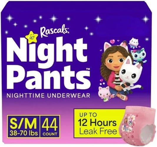 Rascals + Friends Night Pants, Absorbent Girls Nighttime Bedwetting Underwear,(S/M, 44, Count)