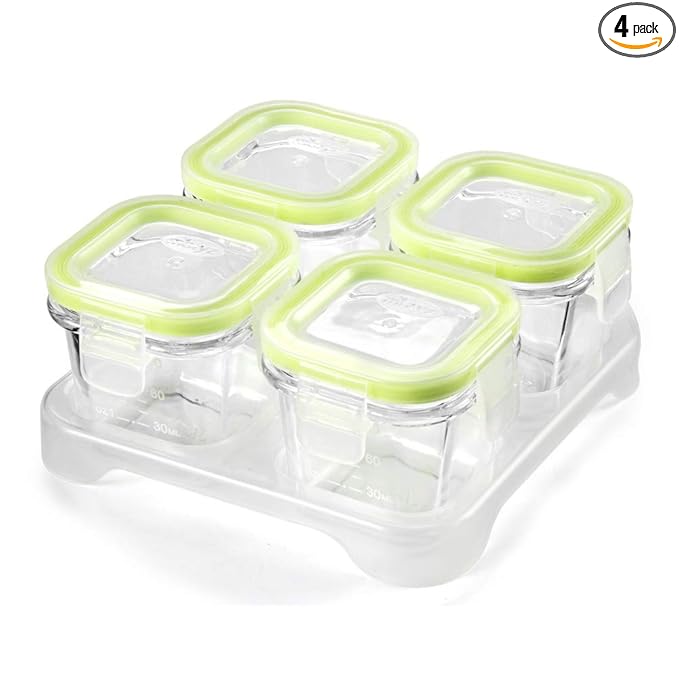Matyz 4-Pack Glass Baby Food Storage Containers with Airtight Lids and Stackable Tray (Green, 3 OZ Each) - Small Freezer Storage Containers for Baby On The Go - Air Tight Food Storage Containers