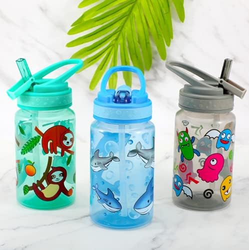 15oz Kids Water Drinking Bottle - BPA Free, Wide Mouth, Flip Straw Sip Lid, Easy Open, Lightweight, Leak-Proof Water Bottle Cute Design For Girls & Boys - 3 Pack Shark & Sloth & Monster