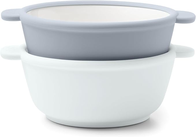 Ello Clean Start Toddler Bowls 2 Pack | Ceramic Kids/Baby Bowls with Silicone Sleeves | BPA-Free, Plastic-Free | Microwave & Dishwasher Safe | High Chair Friendly, Stackable | Quiet Tide/Tech Blue