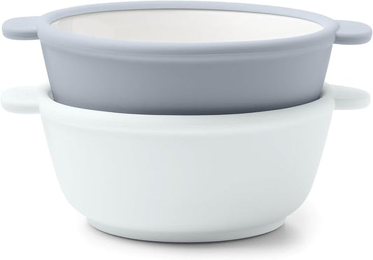 Ello Clean Start Toddler Bowls 2 Pack | Ceramic Kids/Baby Bowls with Silicone Sleeves | BPA-Free, Plastic-Free | Microwave & Dishwasher Safe | High Chair Friendly, Stackable | Quiet Tide/Tech Blue