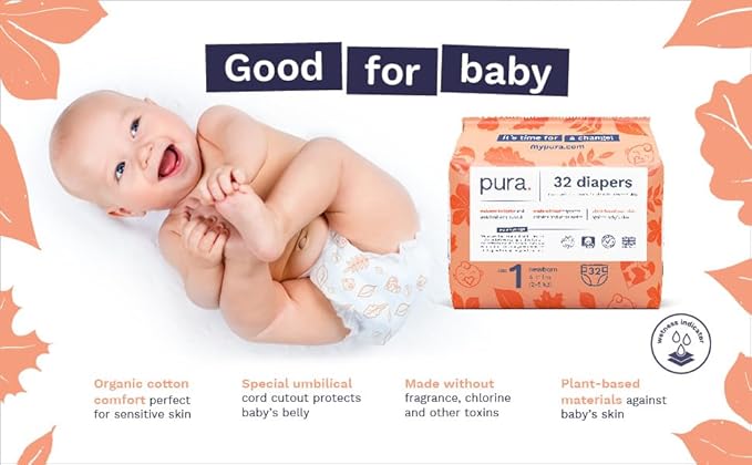 Pura Hypoallergenic Trial Pack Diapers Size 1 (4-11 lbs) + Natural Sensitive Baby Wipes Starter Bundle | Organic Cotton, Chlorine-Free, Fragrance-Free, EWG Verified, for Sensitive & Eczema-Prone Skin