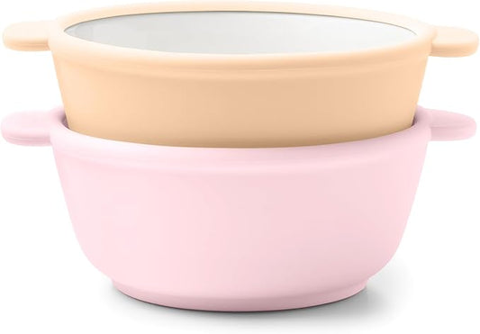 Ello Clean Start Toddler Bowls 2 Pack | Ceramic Kids/Baby Bowls with Silicone Sleeves | BPA-Free, Plastic-Free | Microwave & Dishwasher Safe | High Chair Friendly, Stackable | Cashmere Pink/Dune