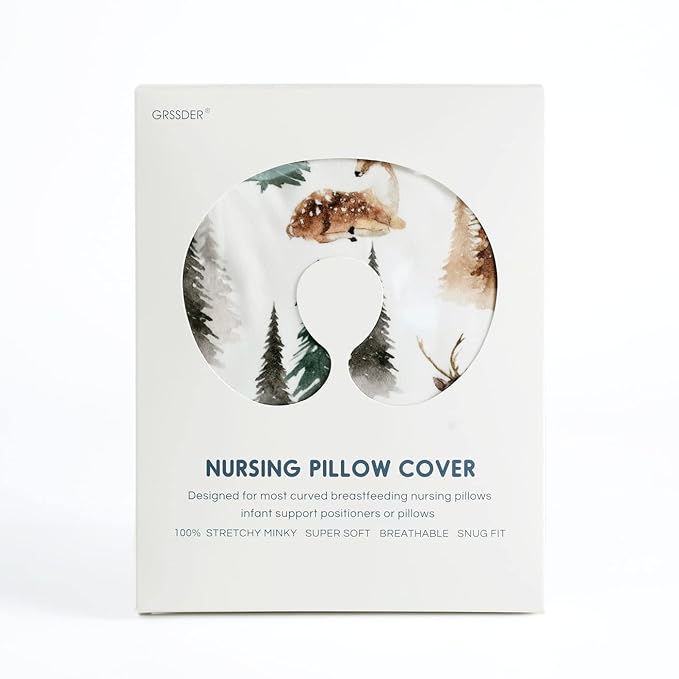 GRSSDER Nursing Pillow Cover Stretchy Minky Removable Nursing Covers for Breastfeeding Pillows, Ultra Soft Comfortable Slipcover for Boy and Girls, Stylish Watercolor Forest Deer and Leaves