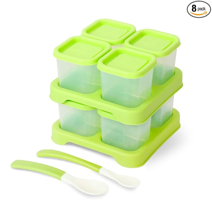 Matyz 8-Pack Plastic Food Storage Containers With Lids Airtight Freezer Safe (Green, 4 OZ Each) - Baby Food Portion Containers With Trays Stackable Baby Plastic Food Storage Containers Microwave Safe
