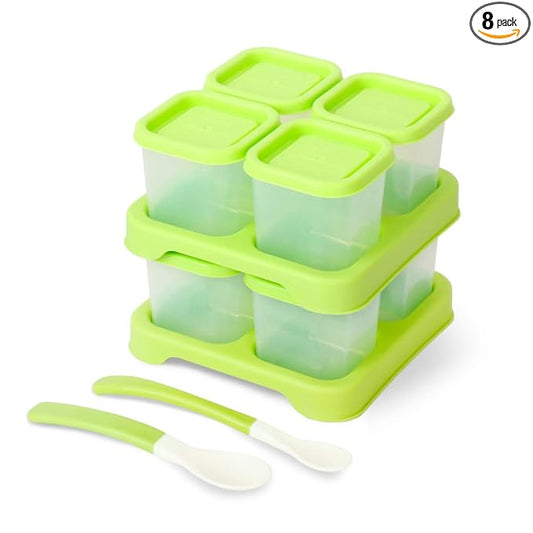 Matyz 8-Pack Plastic Food Storage Containers With Lids Airtight Freezer Safe (Green, 4 OZ Each) - Baby Food Portion Containers With Trays Stackable Baby Plastic Food Storage Containers Microwave Safe