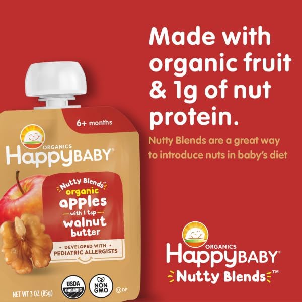 Happy Baby Organics Stage 2 Baby Food Pouches, Gluten Free, Vegan Snack, Nutty Blends, Apple & Walnut Butter, 3 Ounce (Pack of 12)