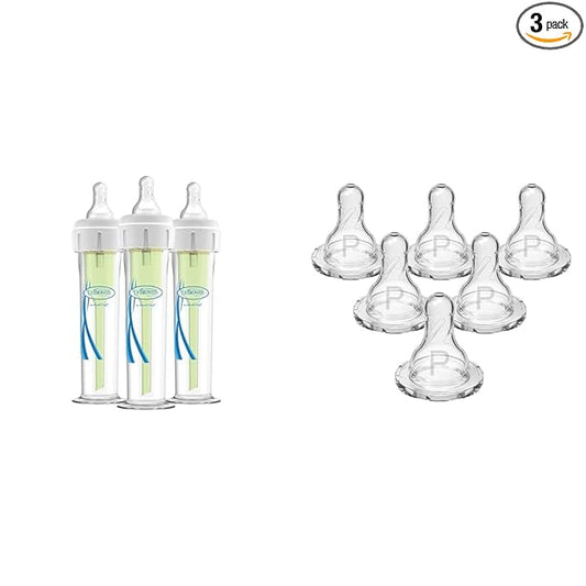 Dr. Brown's Accufeed Anti-Colic Baby Bottle with Preemie Nipple - 60cc - 3pk & Dr. Brown’s Natural Flow Preemie Flow Narrow Baby Bottle Silicone Nipple, Slowest Flow, 0m+