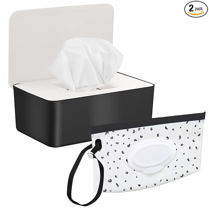 2 Pack Baby Wipe Dispenser, Portable Wet Wipe Pouch, Reusable & Refillable Reusable Travel Wet Wipe Pouch for Bathroom Baby Nursery with Cover Sealed Plastic Mask Storage Box