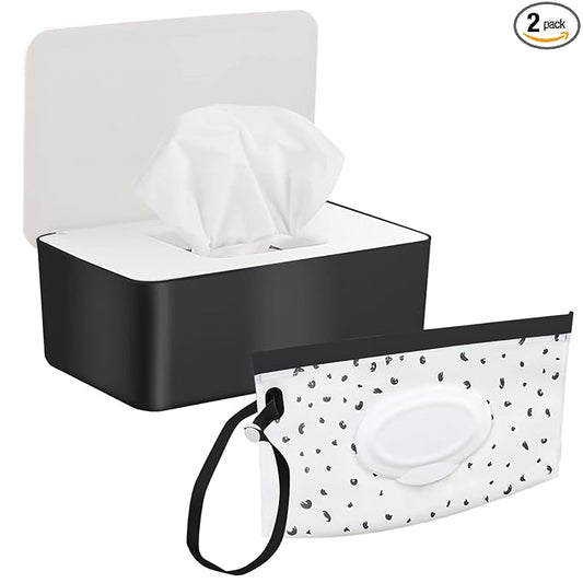 2 Pack Baby Wipe Dispenser, Portable Wet Wipe Pouch, Reusable & Refillable Reusable Travel Wet Wipe Pouch for Bathroom Baby Nursery with Cover Sealed Plastic Mask Storage Box