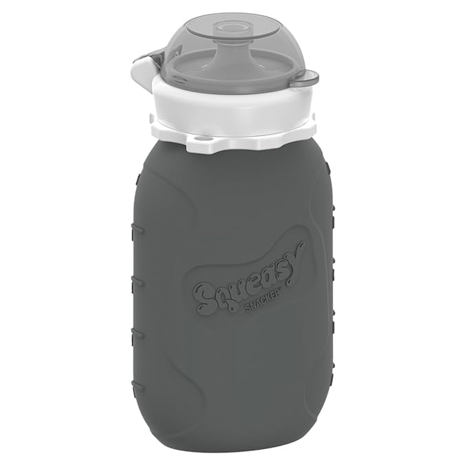 Grey 6 oz Squeasy Snacker Spill Proof Silicone Reusable Food Pouch - for Both Soft Foods and Liquids - Water, Apple Sauce, Yogurt, Smoothies, Baby Food - Dishwasher Safe
