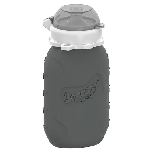 Grey 6 oz Squeasy Snacker Spill Proof Silicone Reusable Food Pouch - for Both Soft Foods and Liquids - Water, Apple Sauce, Yogurt, Smoothies, Baby Food - Dishwasher Safe