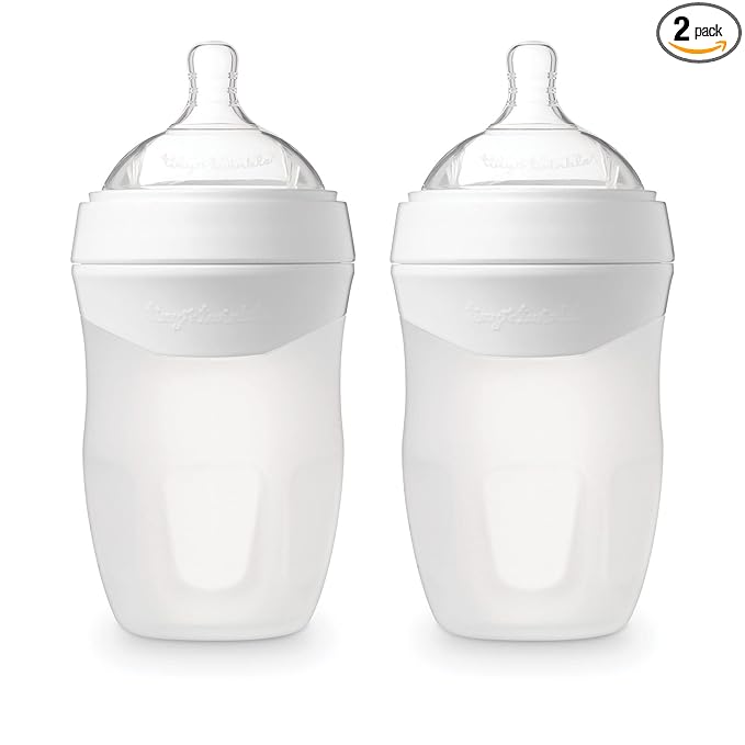 Tiny Twinkle Silicone Baby Bottle with Comfort Grip and Soft Flexible Nipple - Squeezably Soft Baby Bottles for Newborn and Up (White, 8 Ounce - 2 Pack)