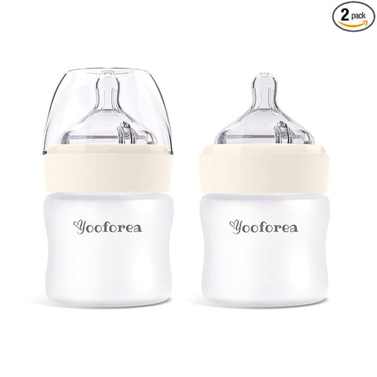 Yooforea Silicone Coated Glass Baby Bottle, 0M+ Slow Flow Nipple I Anti-Colic, Wide Neck, Stable Base I Medical-Grade Silicone Coating for Shatter Protection, BPA BPS PVC Free (2 Pack, 3 Ounce-Cream)