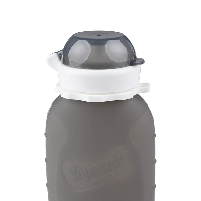 Grey 6 oz Squeasy Snacker Spill Proof Silicone Reusable Food Pouch - for Both Soft Foods and Liquids - Water, Apple Sauce, Yogurt, Smoothies, Baby Food - Dishwasher Safe