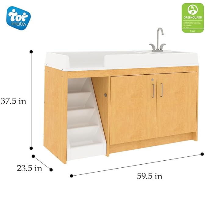 Tot Mate Toddler Diaper Changing Table with Stairs (Left) and Sink (Right) - Ideal Infant Changing Station for Home, Nursery, Daycare - 59-1/2" Wide, Assembled Baby Changer (Maple)