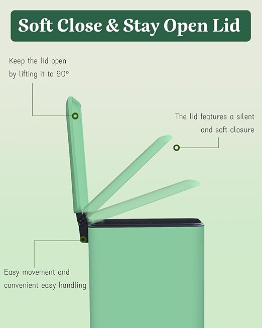 8 Gallon Stainless Steel Trash Can with Lid, Narrow Kitchen Trash Can with Removal Inner Bucket, Soft Close, Step Trash Bin, Metal Garbage Can for Bathroom, Kitchen, Office, 30L, Green