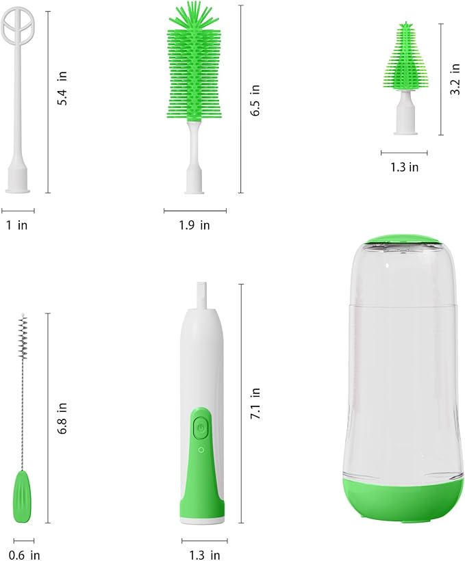 Electric Baby Bottle Brush, Rechargable Electric Bottle Brush Cleaner for Travel, Portable Baby Bottle Cleaner Brush Set with Silicone Bottle Brush, Nipple Brush, Straw Brush(Vintage Green)