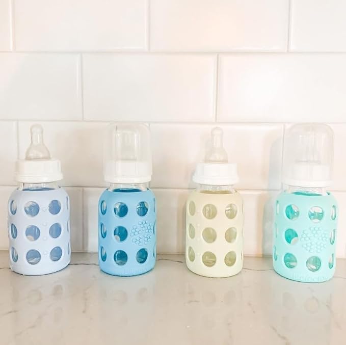 Lifefactory Glass Baby Bottle BPA Free | Protective Silicone Sleeve | 4 oz Pack of 2 | Sky Blue