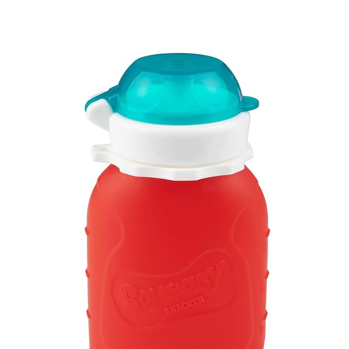 Red 6 oz Squeasy Snacker Spill Proof Silicone Reusable Food Pouch - for Both Soft Foods and Liquids - Water, Apple Sauce, Yogurt, Smoothies, Baby Food - Dishwasher Safe