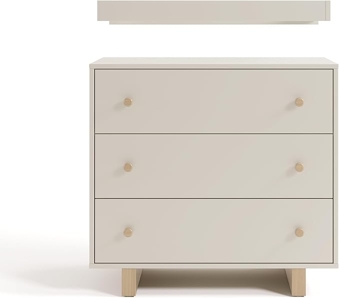 Storkcraft Texas 3 Drawer Chest with Removable Changing Table Topper (Frosted Oat/Driftwood) – GREENGUARD Gold Certified Baby Dresser, Interlocking Drawer System for Nursery & Kids’ Bedroom Dresser
