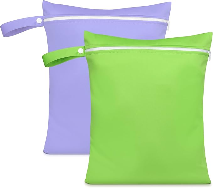 2PCS Wet Bags, Reusable Cloth Diaper Bags with Handle and Zipper, Lightweight Waterproof Travel Laundry Bag, Washable Wet Dry Bag for Baby Items Travel Beach Swimming Gym Camping(Green&Purple)