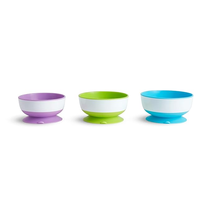 Munchkin® Snack Catcher® Toddler Snack Cups, 2 Pack, Pink/Purple & ® Stay Put™ Suction Bowls for Babies and Toddlers, 3 Pack, Blue/Green/Purple