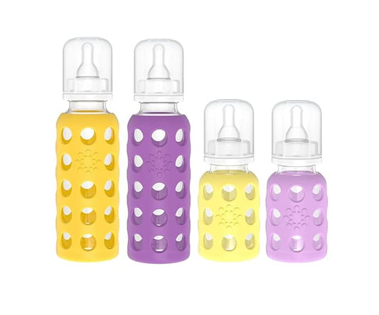 Lifefactory Glass Baby Bottle BPA Free | Protective Silicone Sleeve| 4 oz & 9 oz Pack of 4 | Banana, Mango, Lavender, Grape