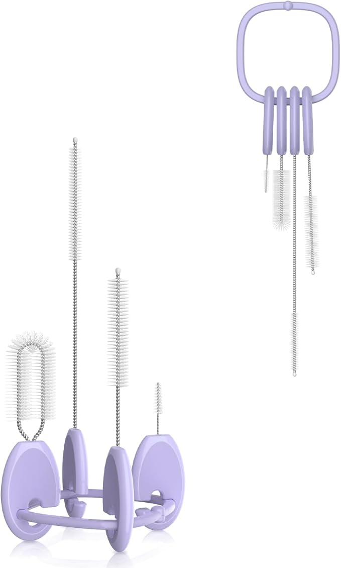 YOTIME 4 in 1 Straw Cleaner Brush Set, Reusable Standing Straw Brushes with Holder Ring, for Baby Bottles, Sippy Cups and Lids, Purple