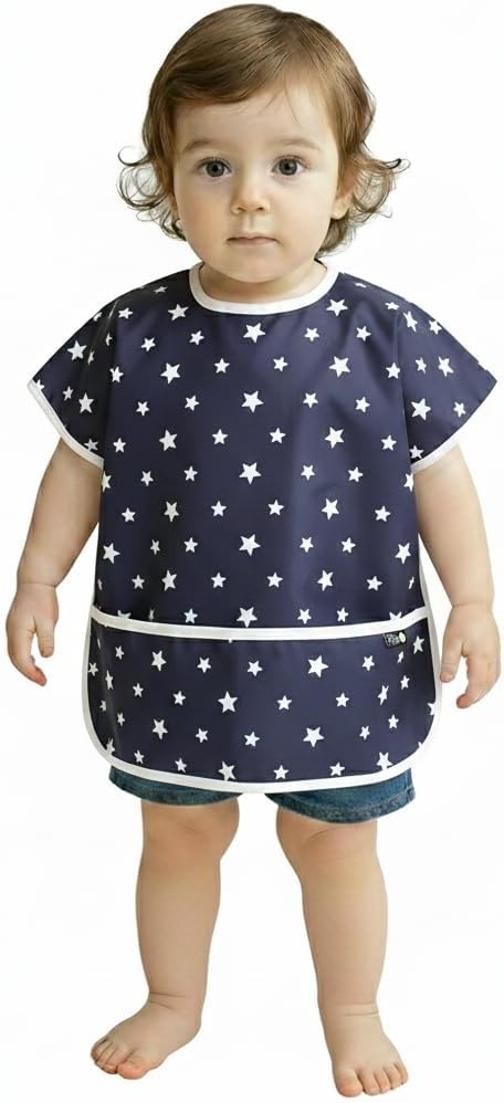 Plie Short Sleeve Waterproof Bib for Toddlers – Easy Clean Feeding Apron for Mealtime, Daycare, Self-Feeding, Lightweight