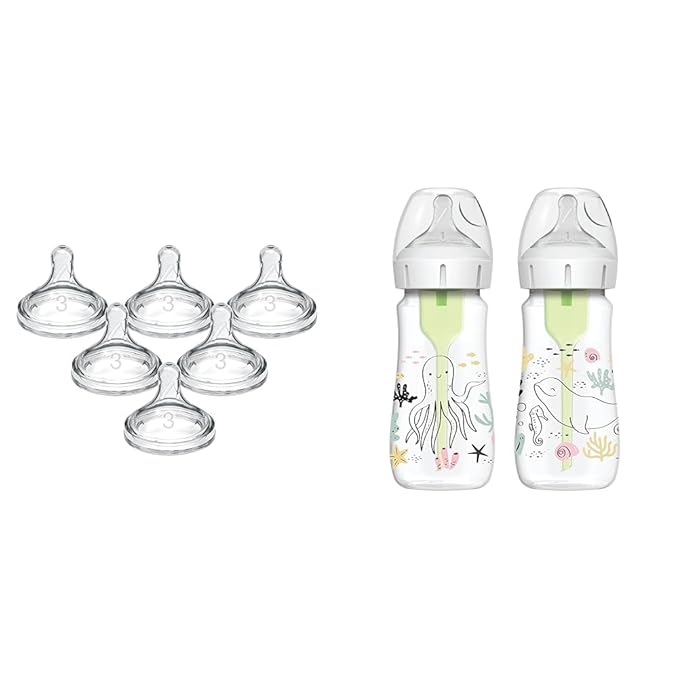 Dr. Brown's Natural Flow Level 3 Wide-Neck Baby Bottle, Medium-Fast Flow Silicone Nipple, 6m+ & Anti-Colic Options+ Designer Edition Bottles, Ocean Decos