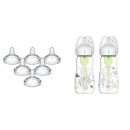 Dr. Brown's Natural Flow Level 3 Wide-Neck Baby Bottle, Medium-Fast Flow Silicone Nipple, 6m+ & Anti-Colic Options+ Designer Edition Bottles, Ocean Decos