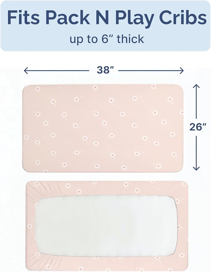 Pack and Play Sheets Fitted - 2 Pack Mini Crib Sheets for Pack N Play Mattress - Unisex Playard Microfiber Bedding for Boys & Girls - Soft, Breathable & Wrinkle Free - Oeko-Tex, 38 x 26in - Daisy's