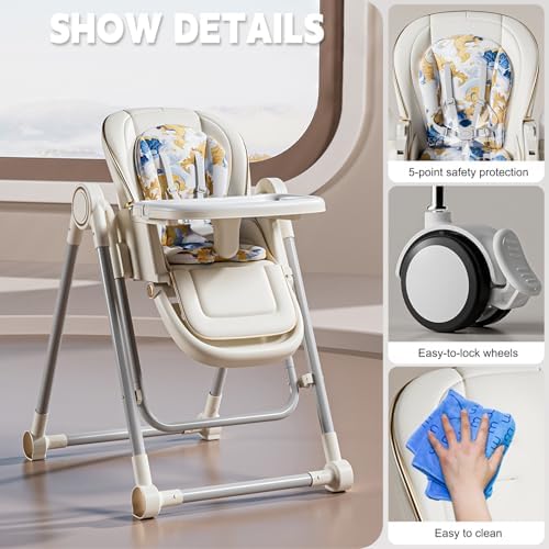 Baby High Chair,Adjustable 2-in-1 Baby High Chair,Portable Highchair for 1+ Years/Detachable PU Cushion/Locking Wheels KKK